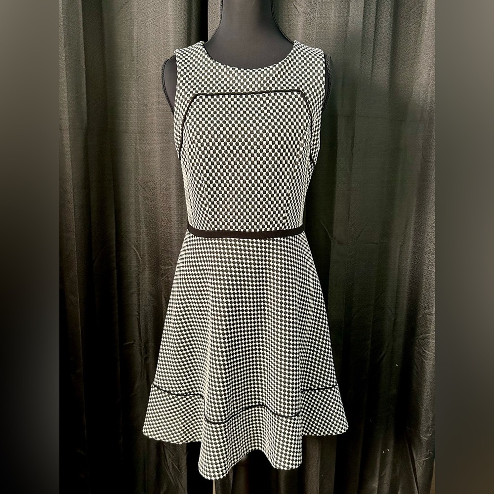 Oleg Cassini Sleeveless Black, White Checked A-Line Dress, Size 4